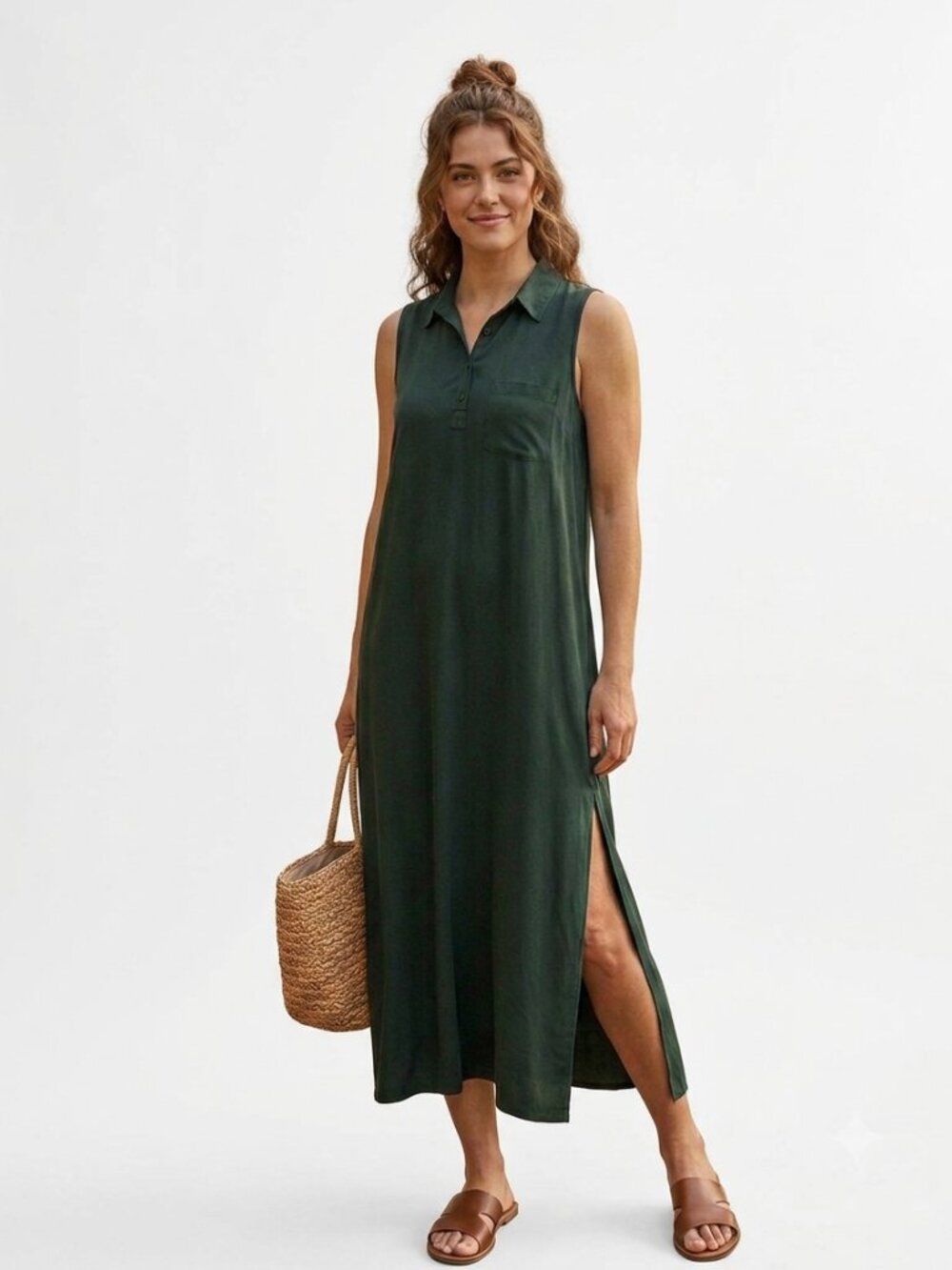 Vintage Christopher & Banks Sleeveless Collared  Rayon Maxi Dress Forest Green S